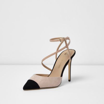 Nude and black suede look strappy court shoes